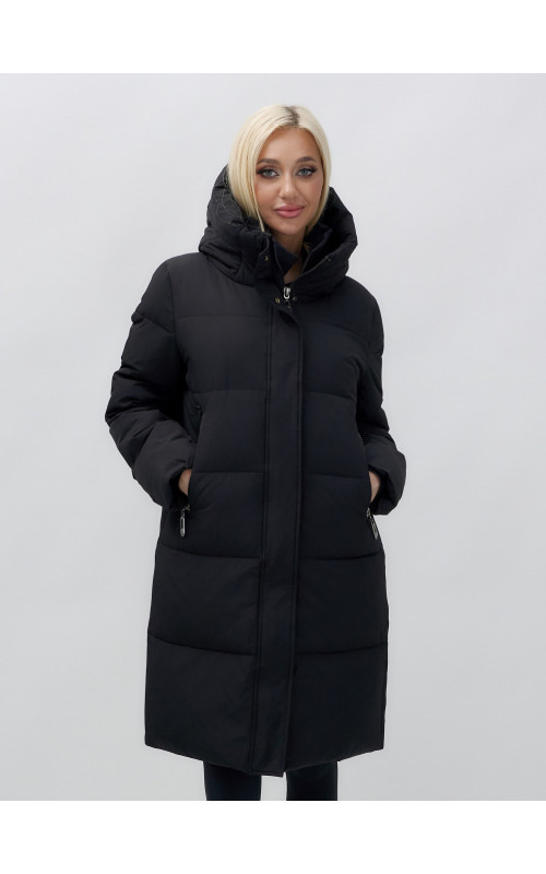 Пуховик женский зимний удлинённый с капюшоном, чёрный в Тюмени