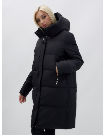 Пуховик женский зимний удлинённый с капюшоном, чёрный в Тюмени