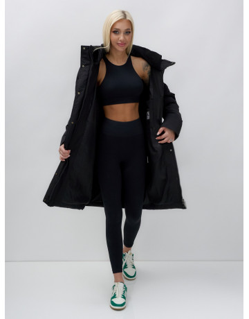 Пуховик женский зимний удлинённый с капюшоном, чёрный в Тюмени