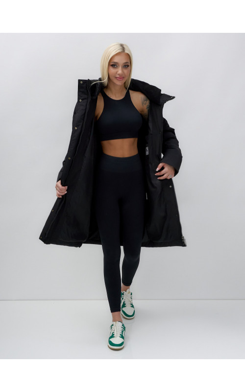 Пуховик женский зимний удлинённый с капюшоном, чёрный в Тюмени