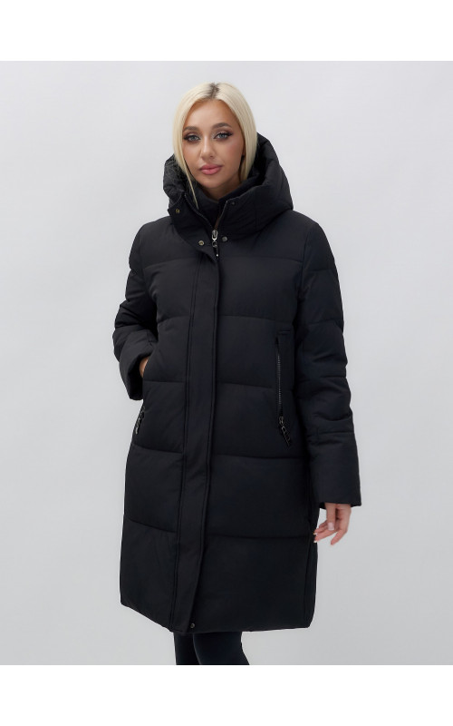 Пуховик женский зимний удлинённый с капюшоном, чёрный в Тюмени