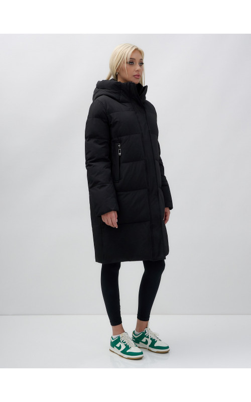 Пуховик женский зимний удлинённый с капюшоном, чёрный в Тюмени