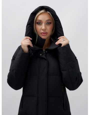 Пуховик женский зимний удлинённый с капюшоном, чёрный в Тюмени