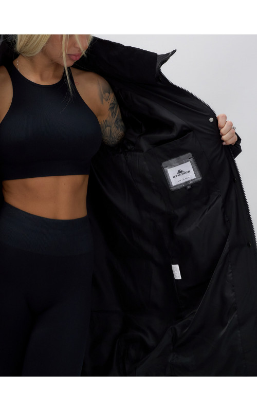 Пуховик женский зимний удлинённый с капюшоном, чёрный в Тюмени