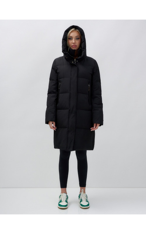 Пуховик женский зимний удлинённый с капюшоном, чёрный в Тюмени