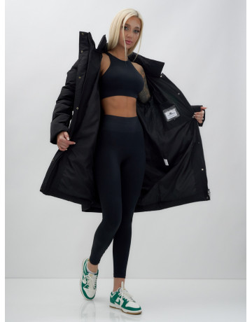 Пуховик женский зимний удлинённый с капюшоном, чёрный в Тюмени