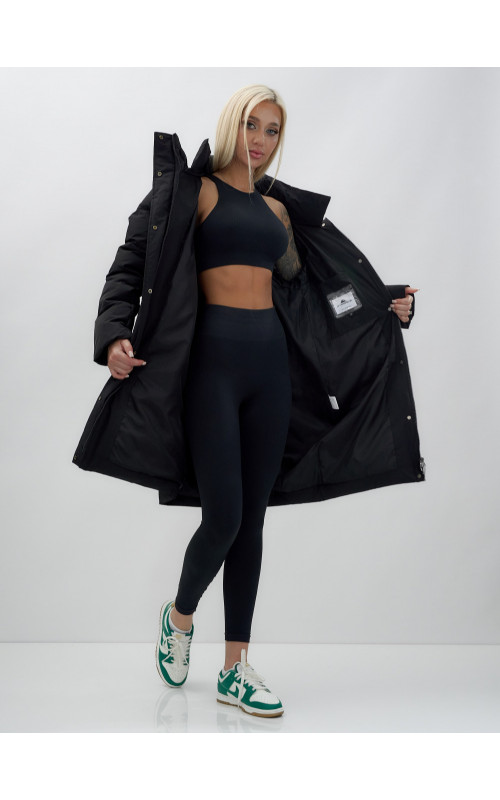 Пуховик женский зимний удлинённый с капюшоном, чёрный в Тюмени