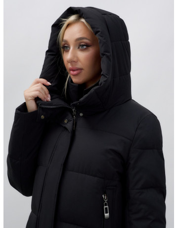 Пуховик женский зимний удлинённый с капюшоном, чёрный в Тюмени