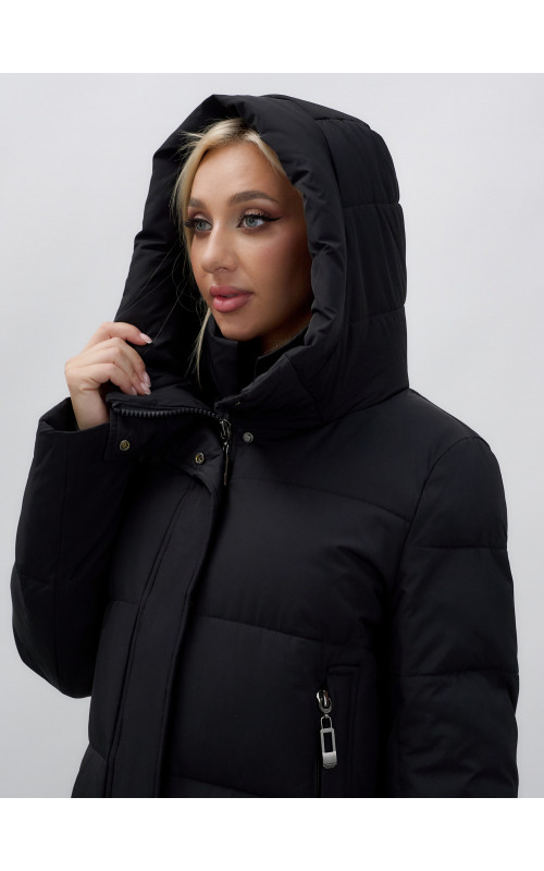 Пуховик женский зимний удлинённый с капюшоном, чёрный в Тюмени