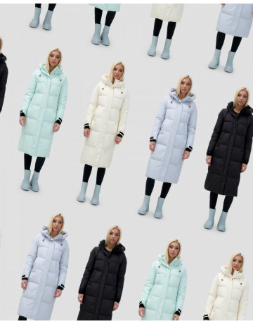 Длинный зимний пуховик с капюшоном для женщин.