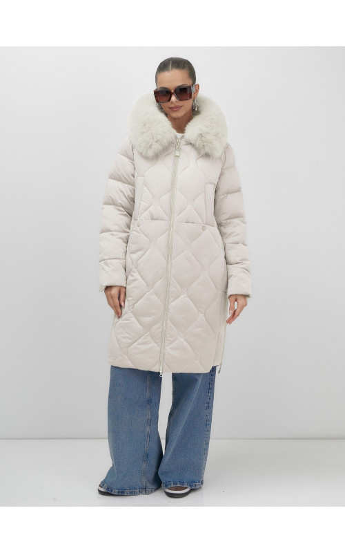 Длинный зимний пуховик с мехом песца.