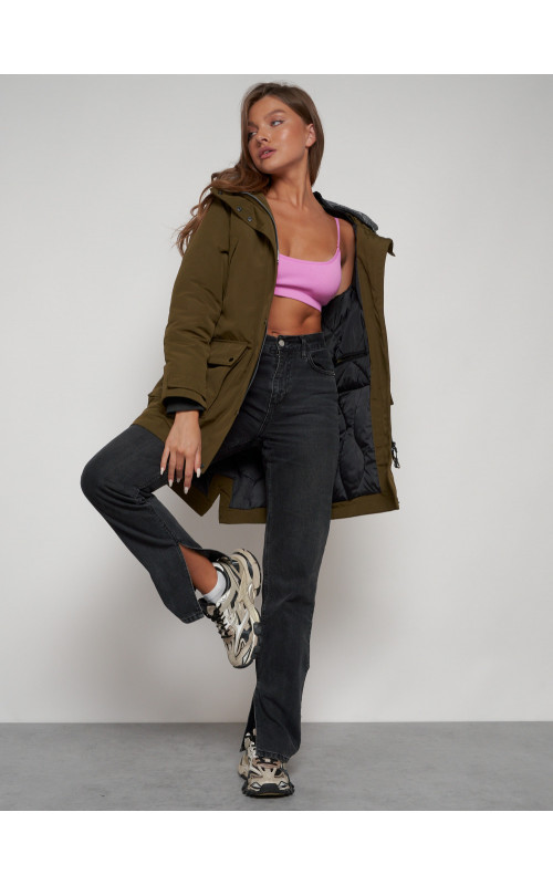 Женская зимняя парка с капюшоном, хаки, для активного отдыха. в Тюмени