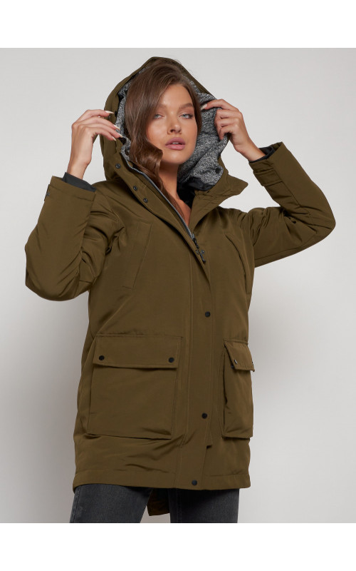 Женская зимняя парка с капюшоном, хаки, для активного отдыха. в Тюмени