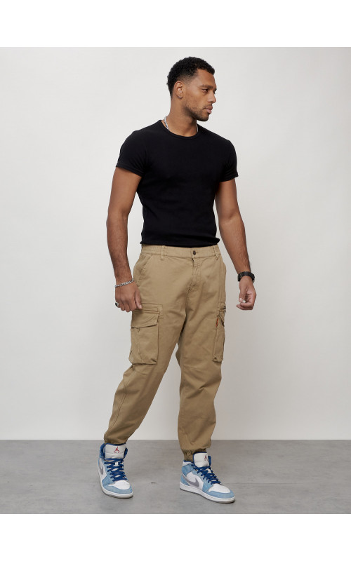 Мужские брюки карго с накладными карманами, бежевые в Тюмени