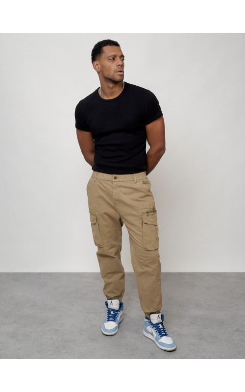 Мужские брюки карго с накладными карманами, бежевые в Тюмени
