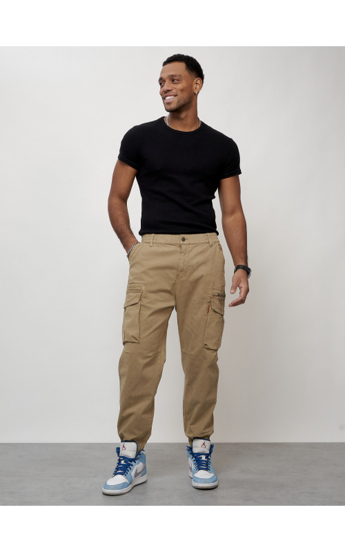 Мужские брюки карго с накладными карманами, бежевые в Тюмени