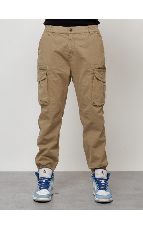 Мужские брюки карго с накладными карманами, бежевые в Тюмени