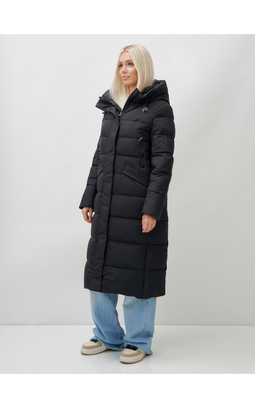 Длинный зимний пуховик с капюшоном для женщин.