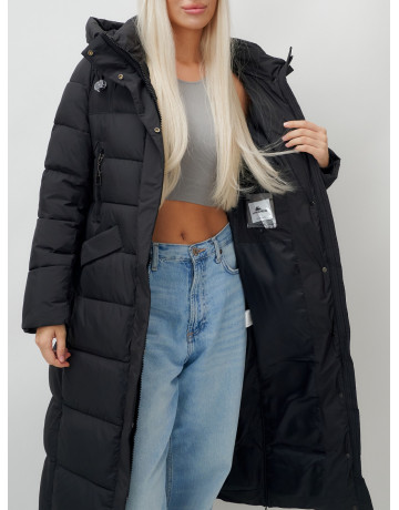 Длинный зимний пуховик с капюшоном для женщин.