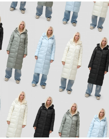 Длинный зимний пуховик с капюшоном для женщин.