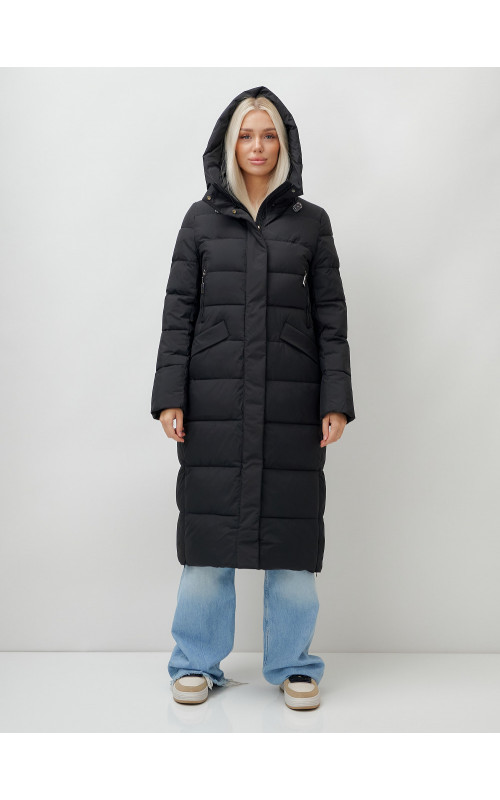 Длинный зимний пуховик с капюшоном для женщин.