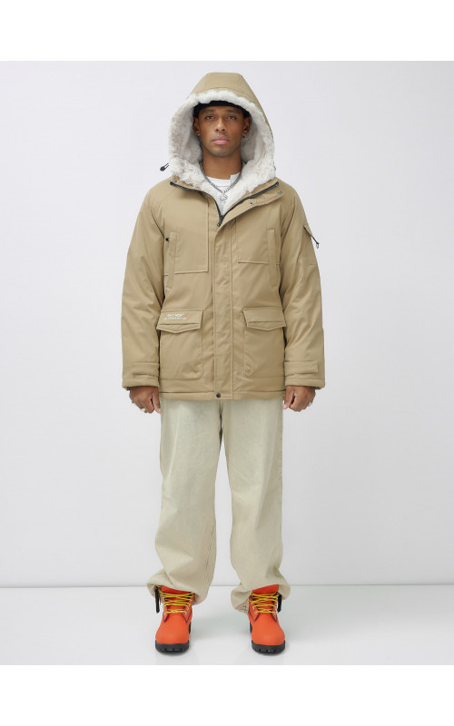 Мужская зимняя удлиненная парка с мехом горчичного оттенка. в Тюмени