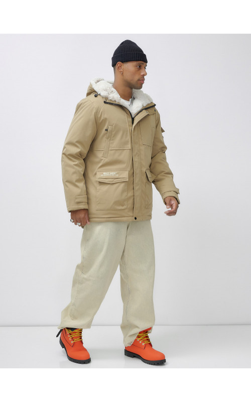 Мужская зимняя удлиненная парка с мехом горчичного оттенка. в Тюмени