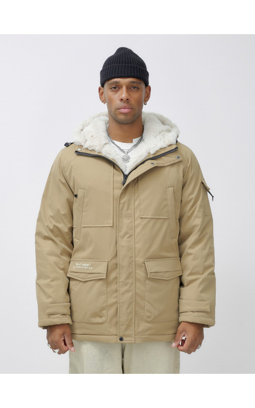 Мужская зимняя удлиненная парка с мехом горчичного оттенка. в Тюмени