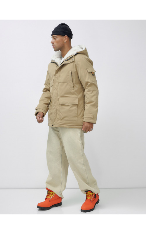 Мужская зимняя удлиненная парка с мехом горчичного оттенка. в Тюмени