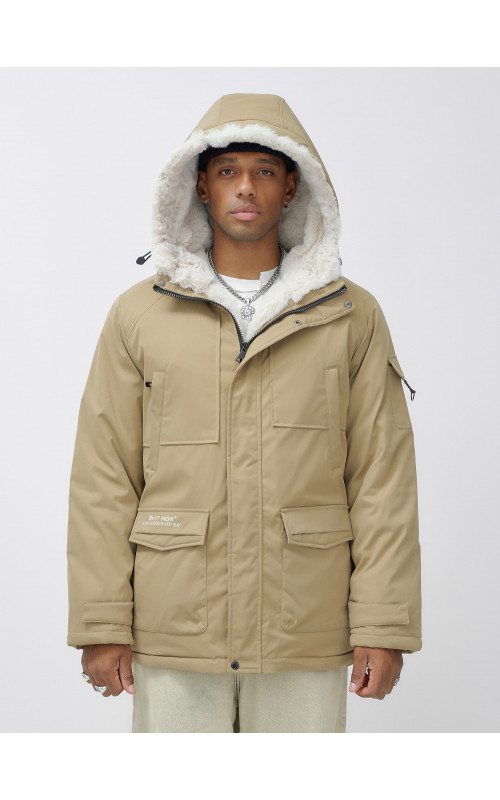 Мужская зимняя удлиненная парка с мехом горчичного оттенка. в Тюмени