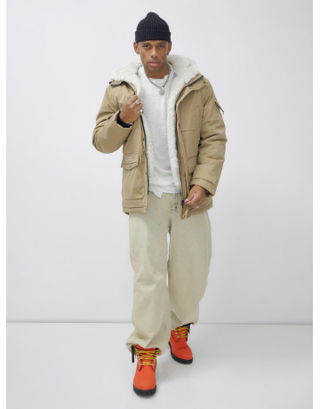 Мужская зимняя удлиненная парка с мехом горчичного оттенка. в Тюмени