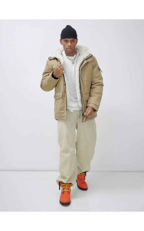 Мужская зимняя удлиненная парка с мехом горчичного оттенка. в Тюмени