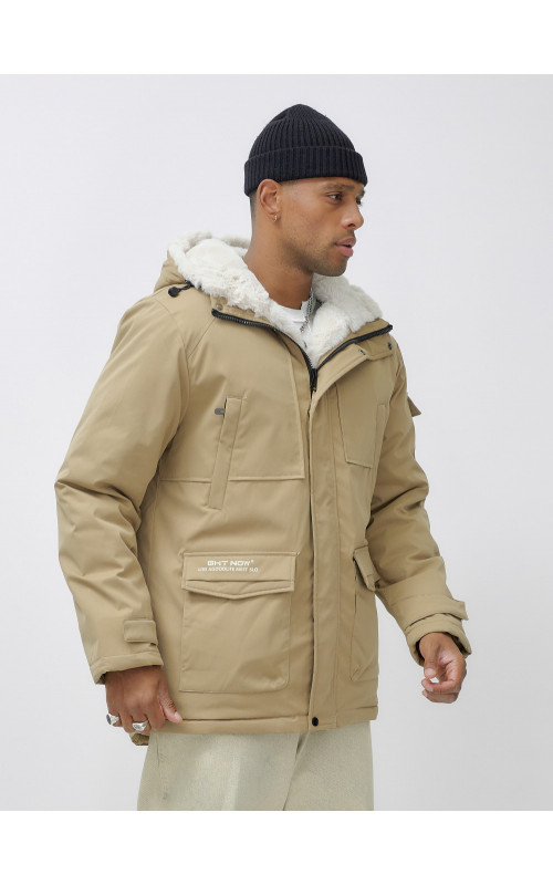 Мужская зимняя удлиненная парка с мехом горчичного оттенка. в Тюмени