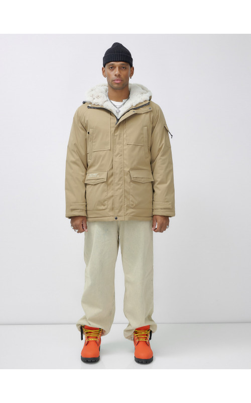 Мужская зимняя удлиненная парка с мехом горчичного оттенка. в Тюмени