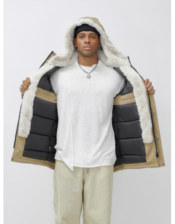 Мужская зимняя удлиненная парка с мехом горчичного оттенка. в Тюмени