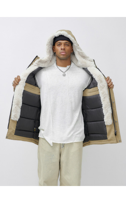 Мужская зимняя удлиненная парка с мехом горчичного оттенка. в Тюмени