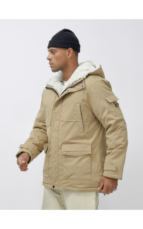 Мужская зимняя удлиненная парка с мехом горчичного оттенка. в Тюмени