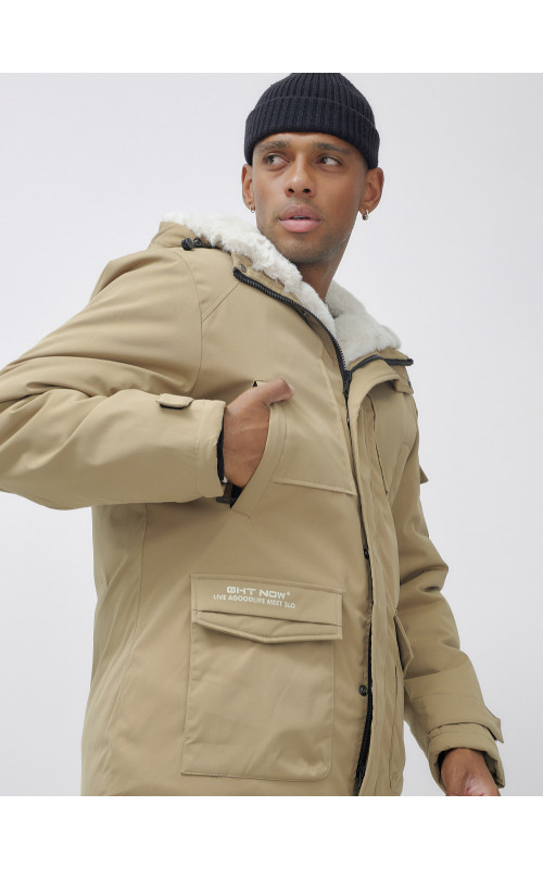 Мужская зимняя удлиненная парка с мехом горчичного оттенка. в Тюмени