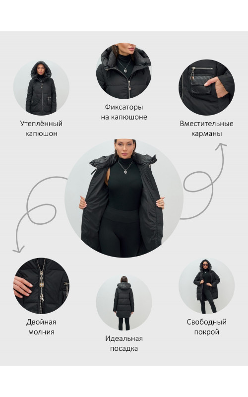 Пуховик зимний женский с капюшоном, чёрный. в Тюмени