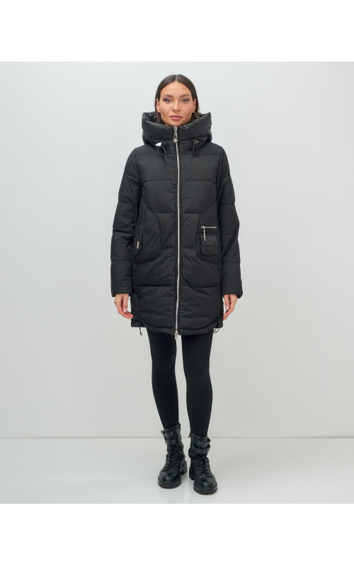 Пуховик зимний женский с капюшоном, чёрный. в Тюмени