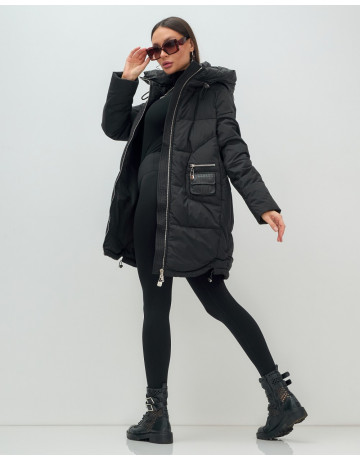 Пуховик зимний женский с капюшоном, чёрный. в Тюмени