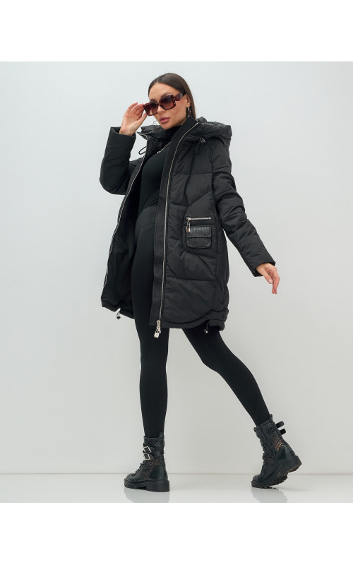 Пуховик зимний женский с капюшоном, чёрный. в Тюмени