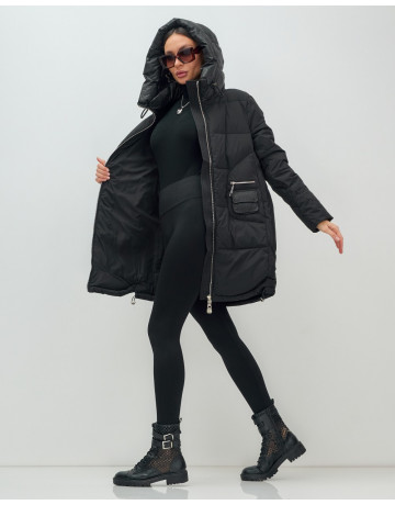 Пуховик зимний женский с капюшоном, чёрный. в Тюмени