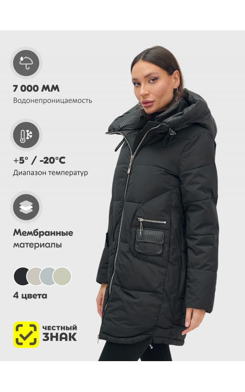 Пуховик зимний женский с капюшоном, чёрный. в Тюмени