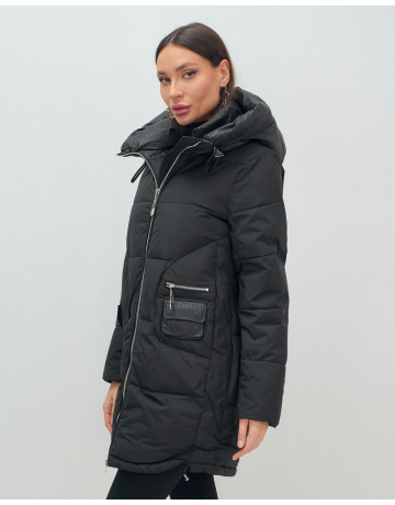 Пуховик зимний женский с капюшоном, чёрный. в Тюмени