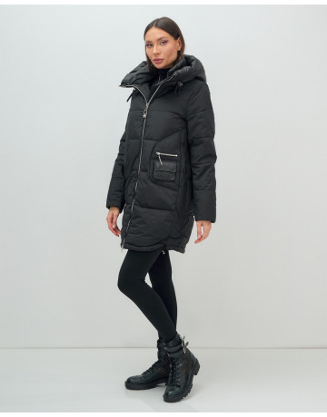 Пуховик зимний женский с капюшоном, чёрный. в Тюмени