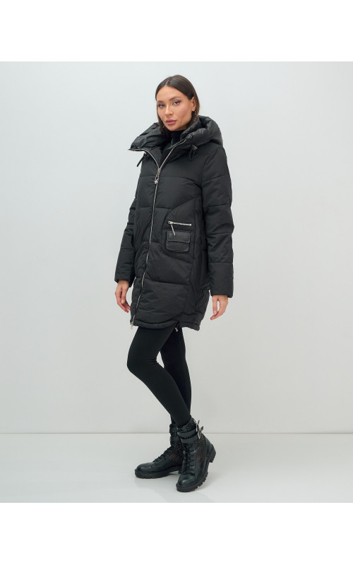 Пуховик зимний женский с капюшоном, чёрный. в Тюмени