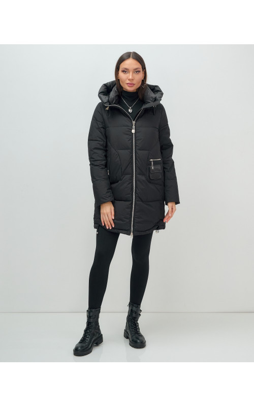 Пуховик зимний женский с капюшоном, чёрный. в Тюмени