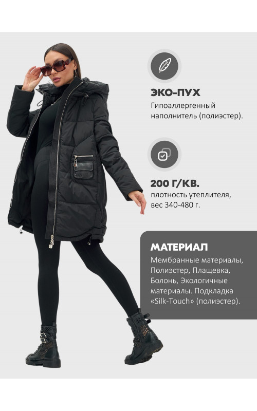 Пуховик зимний женский с капюшоном, чёрный. в Тюмени