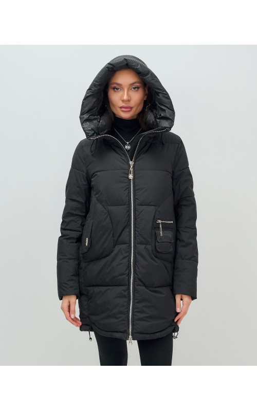 Пуховик зимний женский с капюшоном, чёрный. в Тюмени